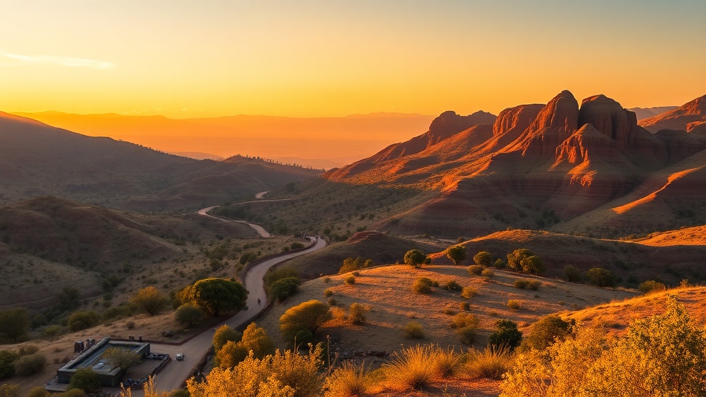 Golden evening light over rolling hills, a winding road and red rock ridges