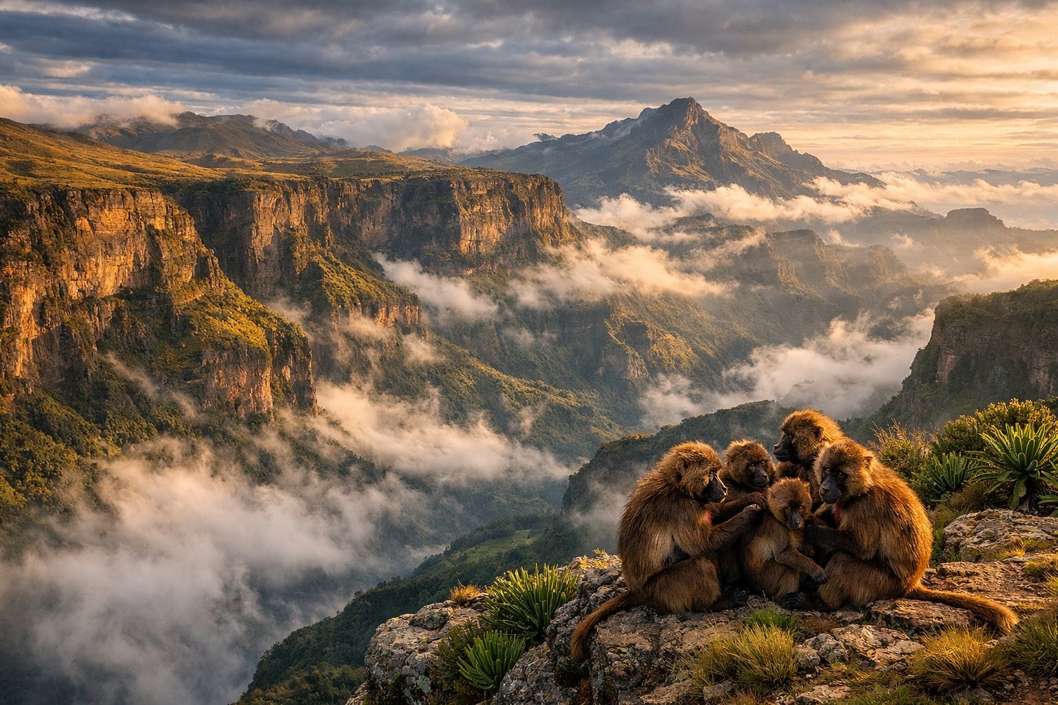 Gelada baboons in Simien Mountains Ethiopia