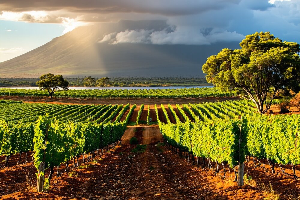 Vineyard rows in Ethiopia's Great Rift Valley with Lake Ziway in the background
