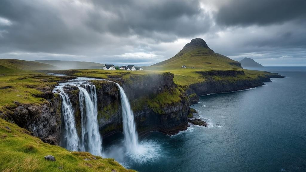 Múlafossur waterfall plunging into the ocean beside Gásadalur village