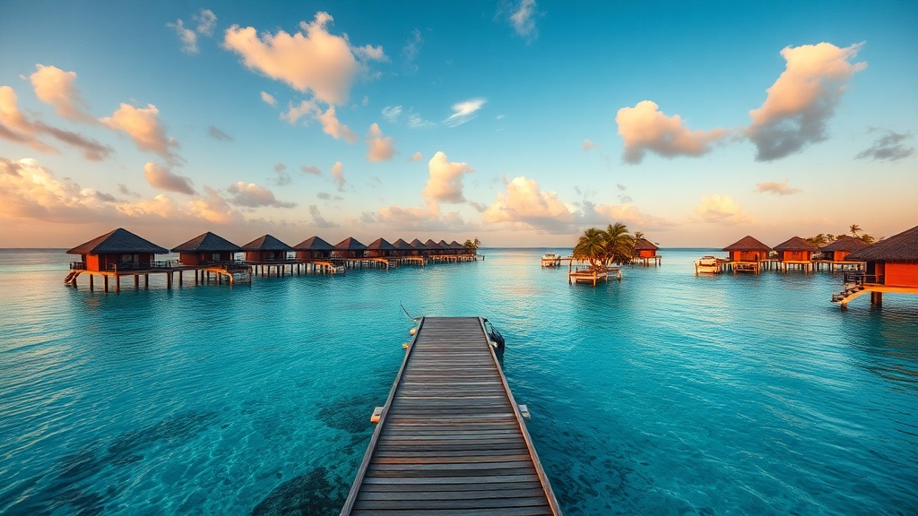 Overwater bungalows on a turquoise lagoon with a wooden jetty at sunset