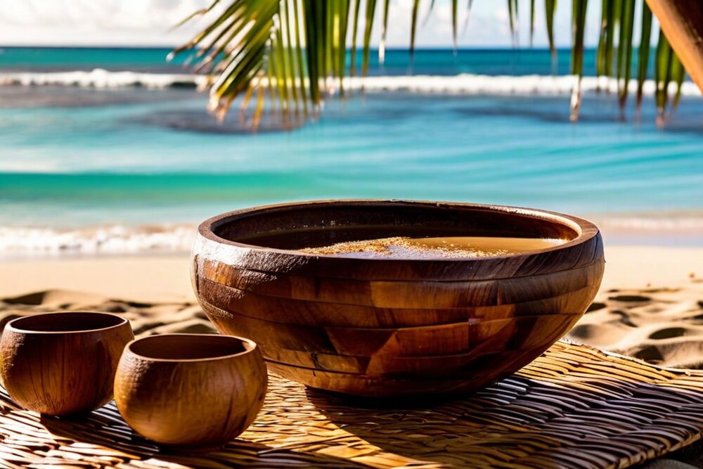 A large wooden kava bowl and coconut-shell cups on a mat with a turquoise lagoon behind