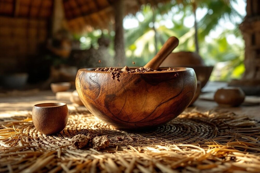 A large carved wooden bowl of ground kava with a coconut-shell cup on a woven mat