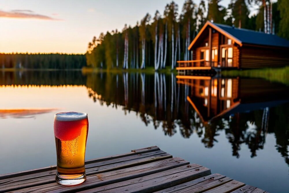 A glass of beer on a wooden jetty with a log cabin reflected in a still lake at sunset