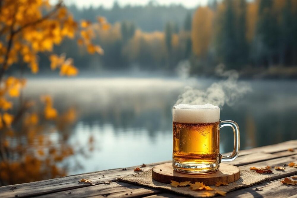 A glass mug of golden beer with a thick head on a wooden table beside an autumn lake