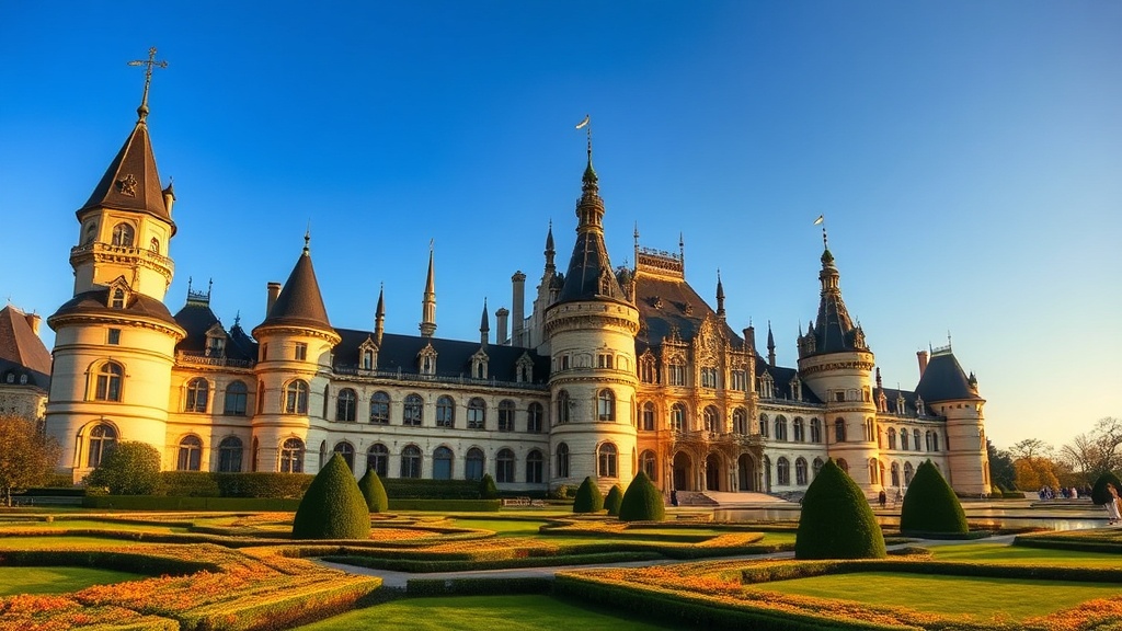 A Renaissance château with turrets, slate roofs and formal box parterres under a deep blue sky