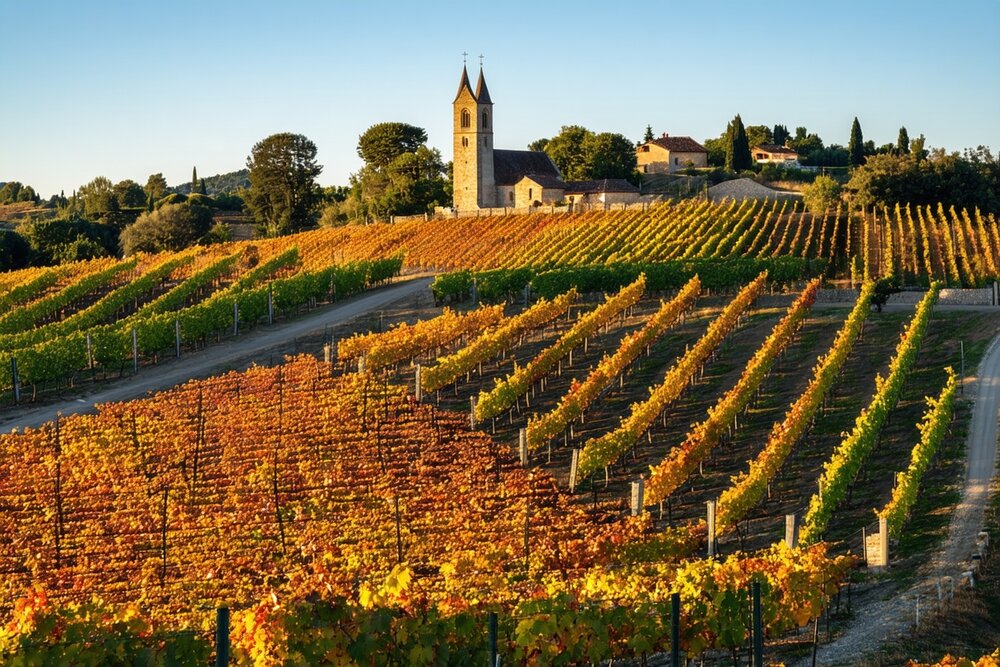Burgundy Grand Cru vineyard on the Côte d'Or in autumn with stone wall and village church