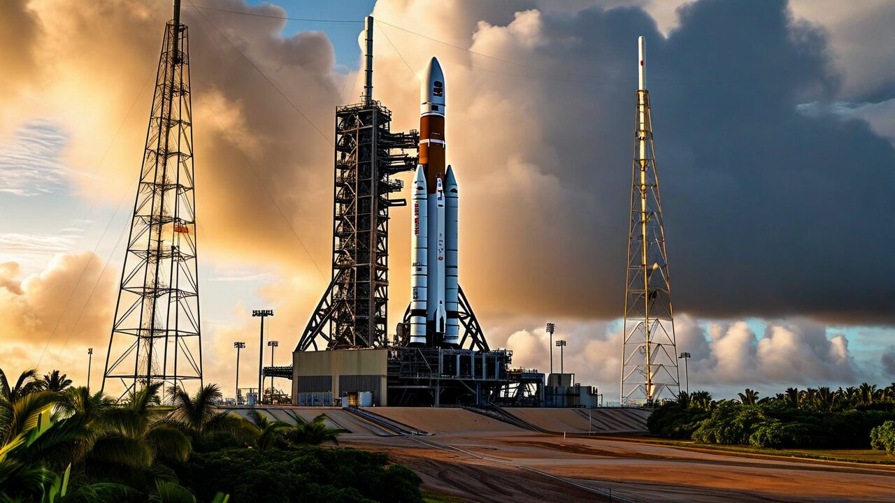 A white rocket with boosters standing on a launch pad between two lattice lightning towers, jungle beyond