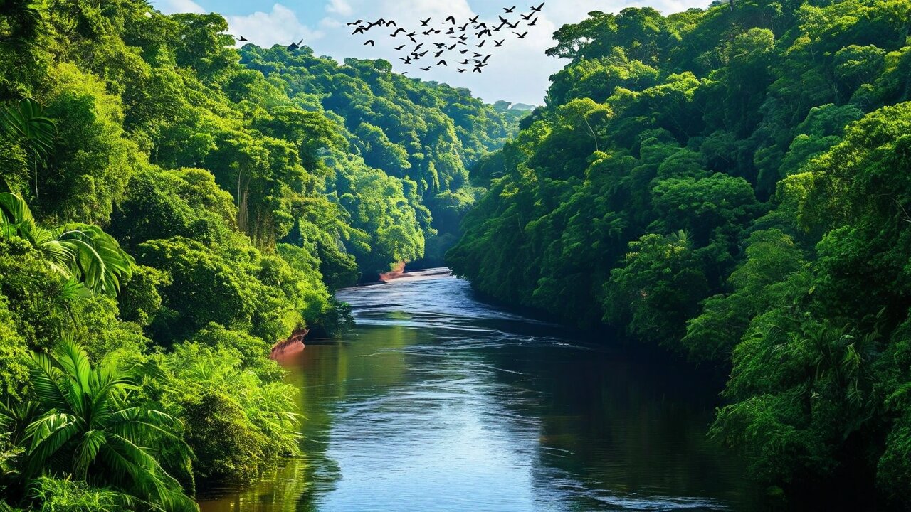 A dark river winding between walls of dense green rainforest with birds overhead