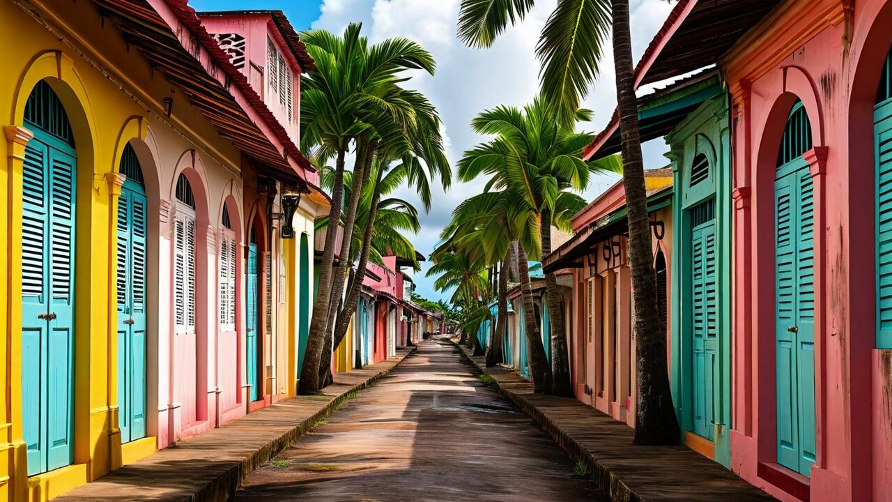 A narrow street of brightly painted wooden houses with louvred shutters and palms