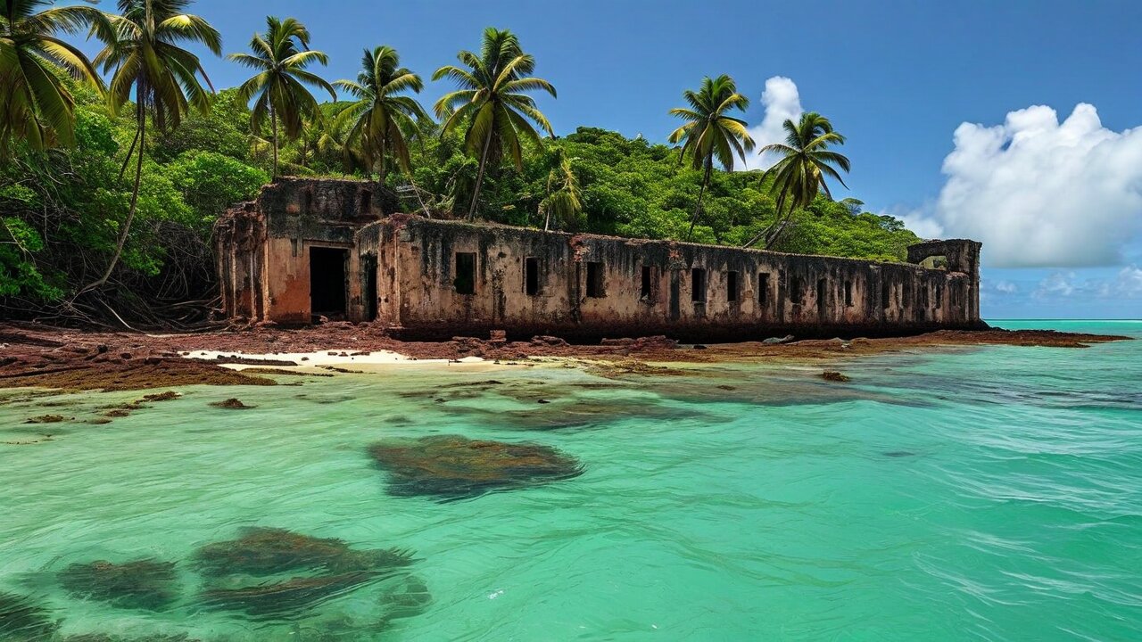A long ruined stone prison building overgrown with palms above a shallow sea