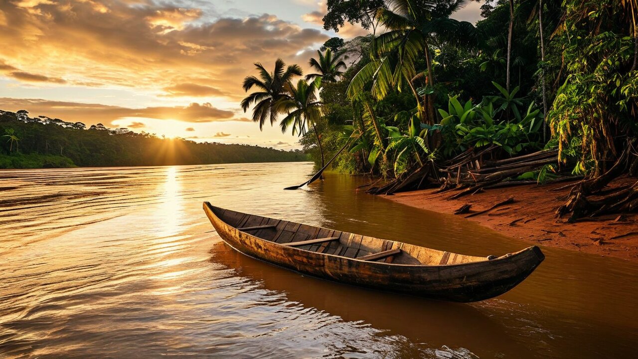 A wooden dugout canoe on a wide brown river at sunset with jungle on the bank