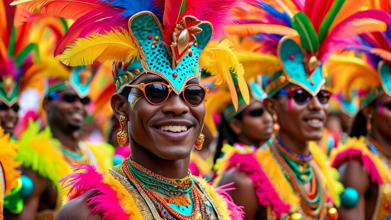 Costumed dancers in vivid feathered headdresses and beads at a street parade