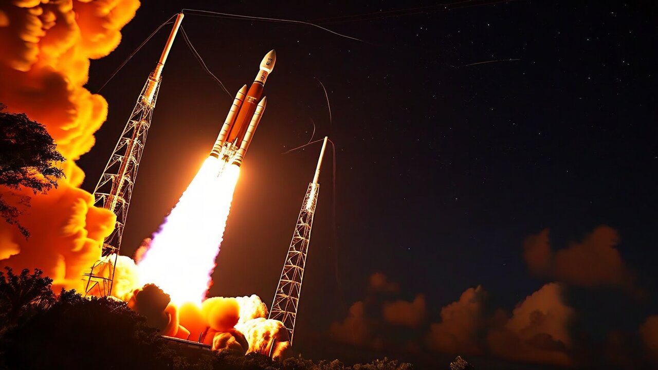 A rocket lifting off at night from a jungle launch pad between lightning towers