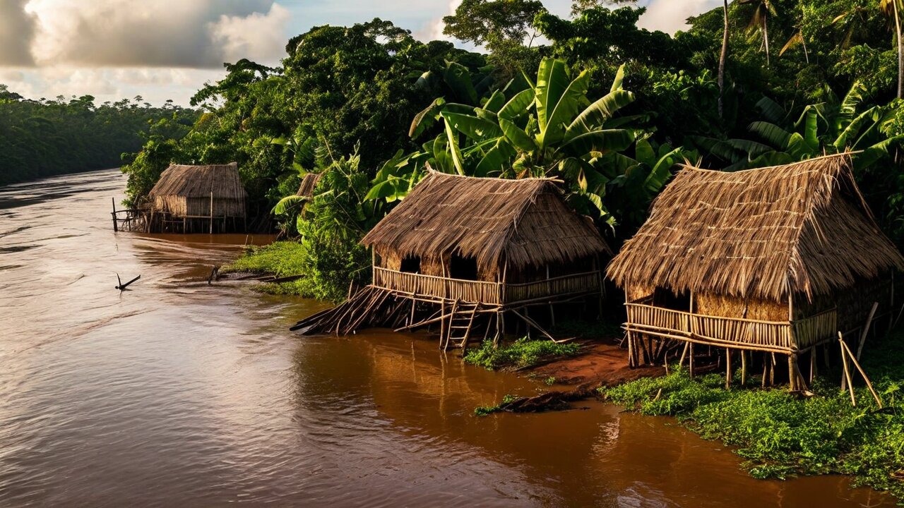 Thatched houses on wooden stilts along the bank of a wide brown river