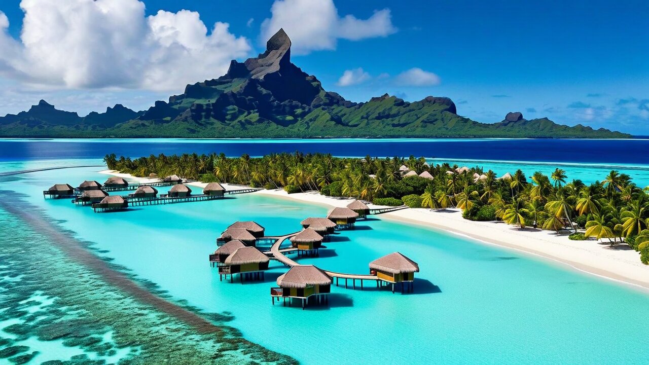 Thatched overwater bungalows on a turquoise lagoon with a white-sand motu and a basalt peak beyond