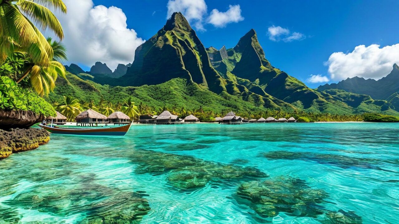 Jagged green volcanic peaks above a shallow turquoise lagoon with thatched bungalows on the shore