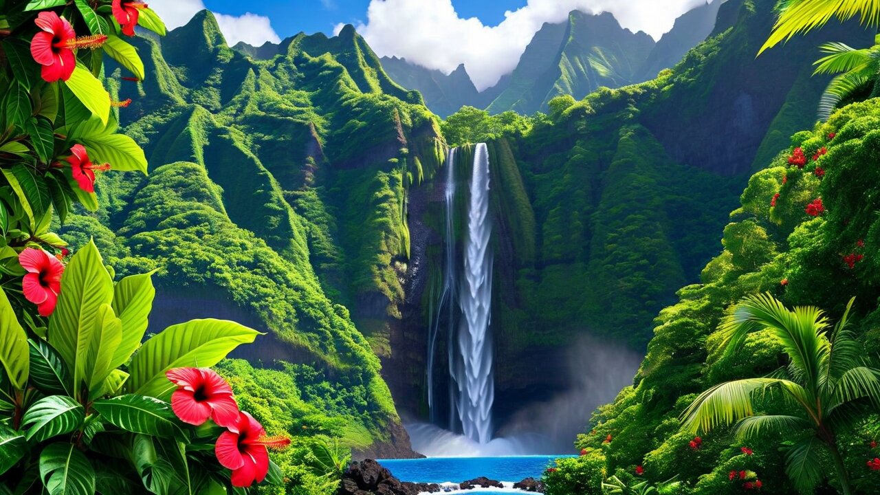 A tall waterfall dropping into a green amphitheatre of near-vertical ridges framed by hibiscus