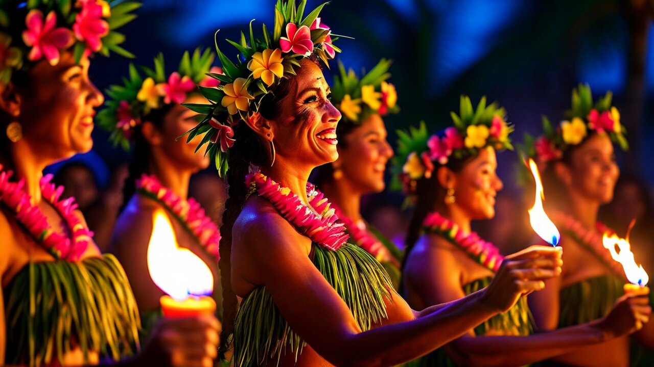 Dancers in flower crowns and fibre skirts holding flames at a night performance