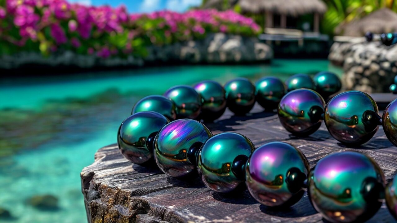 A strand of dark iridescent pearls with green and violet overtones on weathered wood beside a lagoon