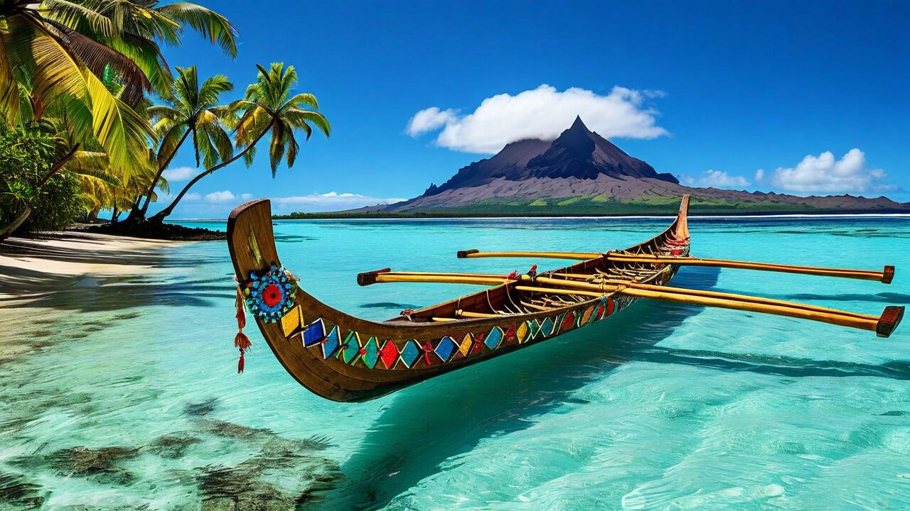 A wooden outrigger canoe with painted decoration floating in shallow clear water beneath a volcanic peak