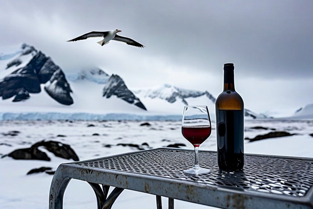 A bottle of red wine and a glass on a metal table outdoors against a snowy coastline with an albatross overhead