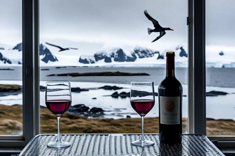 Two glasses of red wine and a bottle on a table at a window looking onto a snowy coast with seabirds