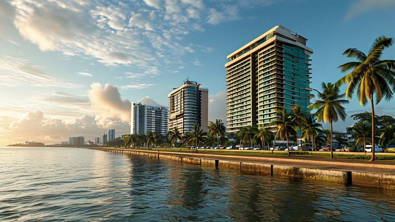 Modern towers and palms along a seafront boulevard at golden hour with calm water in front