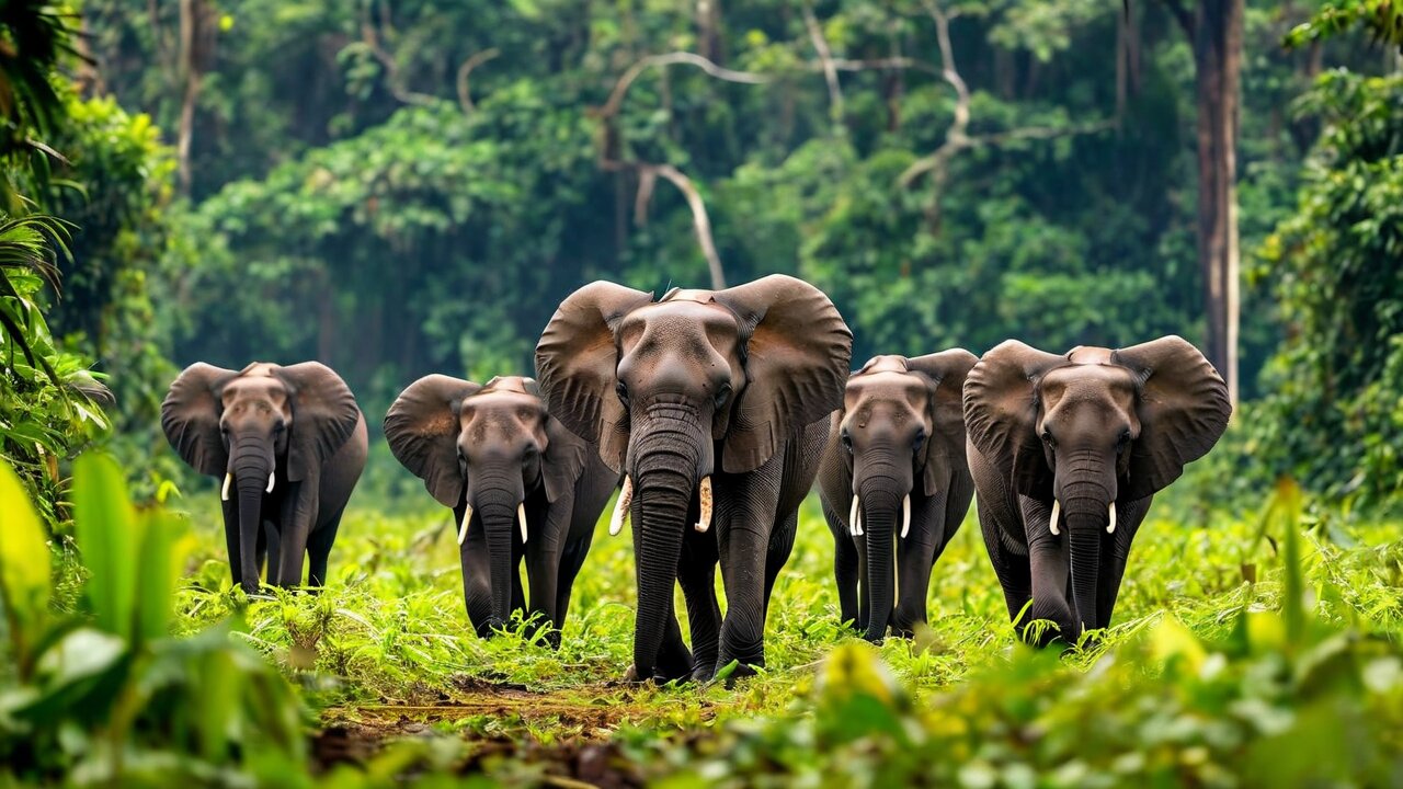 Several elephants walking together through a green clearing with dense rainforest behind