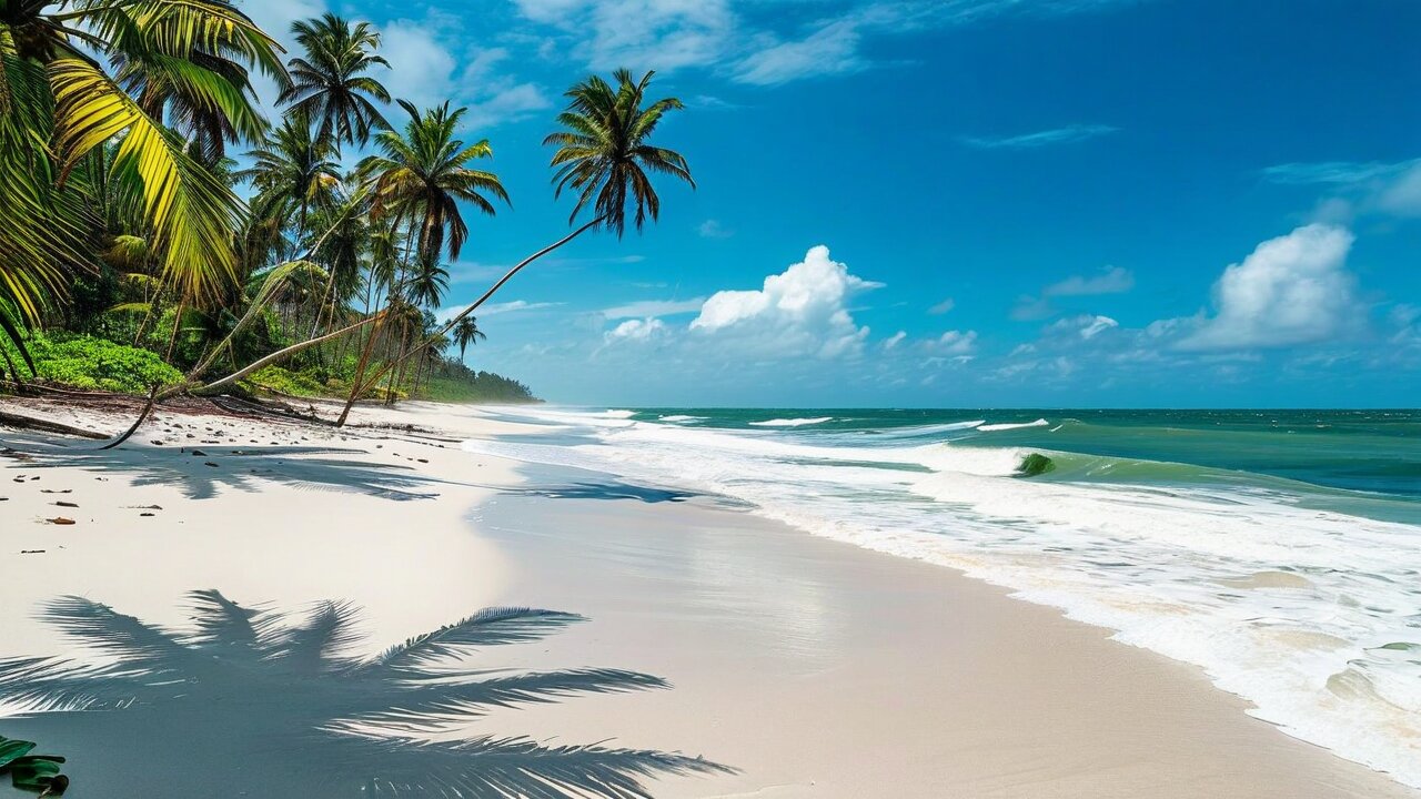An empty white-sand beach with surf, palms leaning over it and dense green forest behind