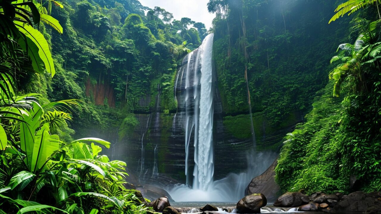 A tall white waterfall dropping into a plunge pool in a steep rainforest gorge