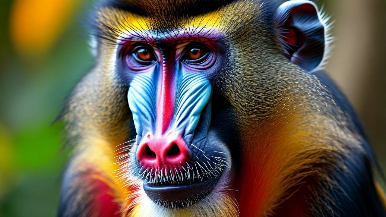 Close portrait of a mandrill with a blue and red muzzle, yellow beard and orange eyes