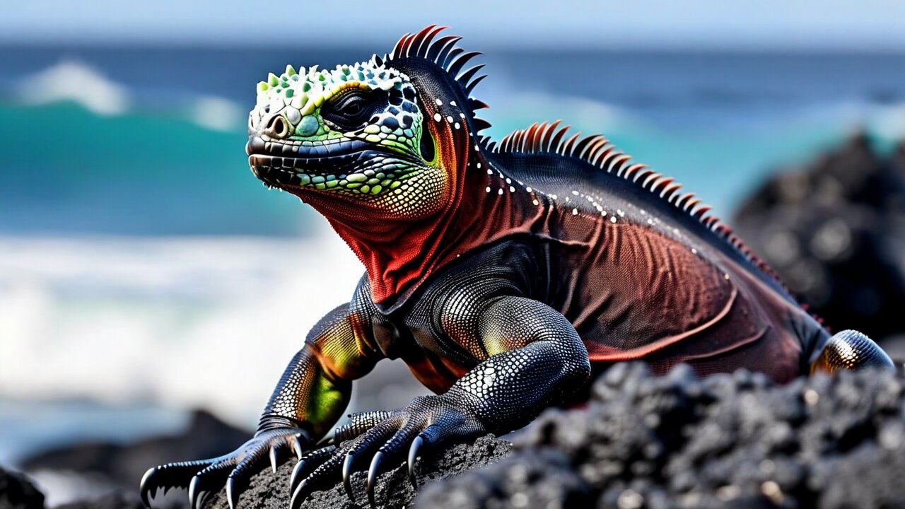 A marine iguana with red and green colouring on black lava with surf behind