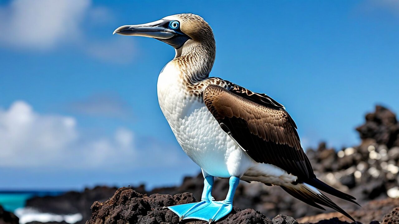 A blue-footed booby standing on lava, with bright turquoise webbed feet and a pale eye