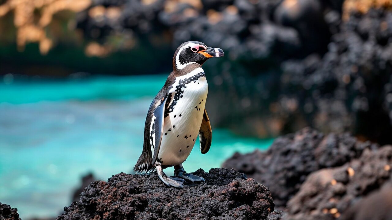 A small penguin standing on black lava beside turquoise water
