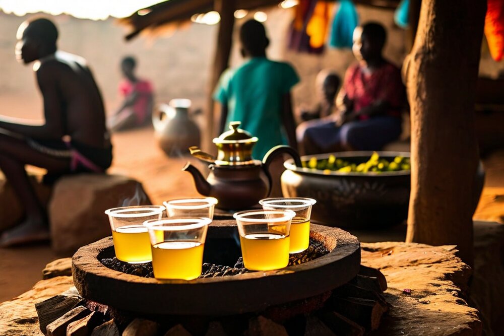 Small glasses of tea on a charcoal brazier with a teapot, people sitting around in the background