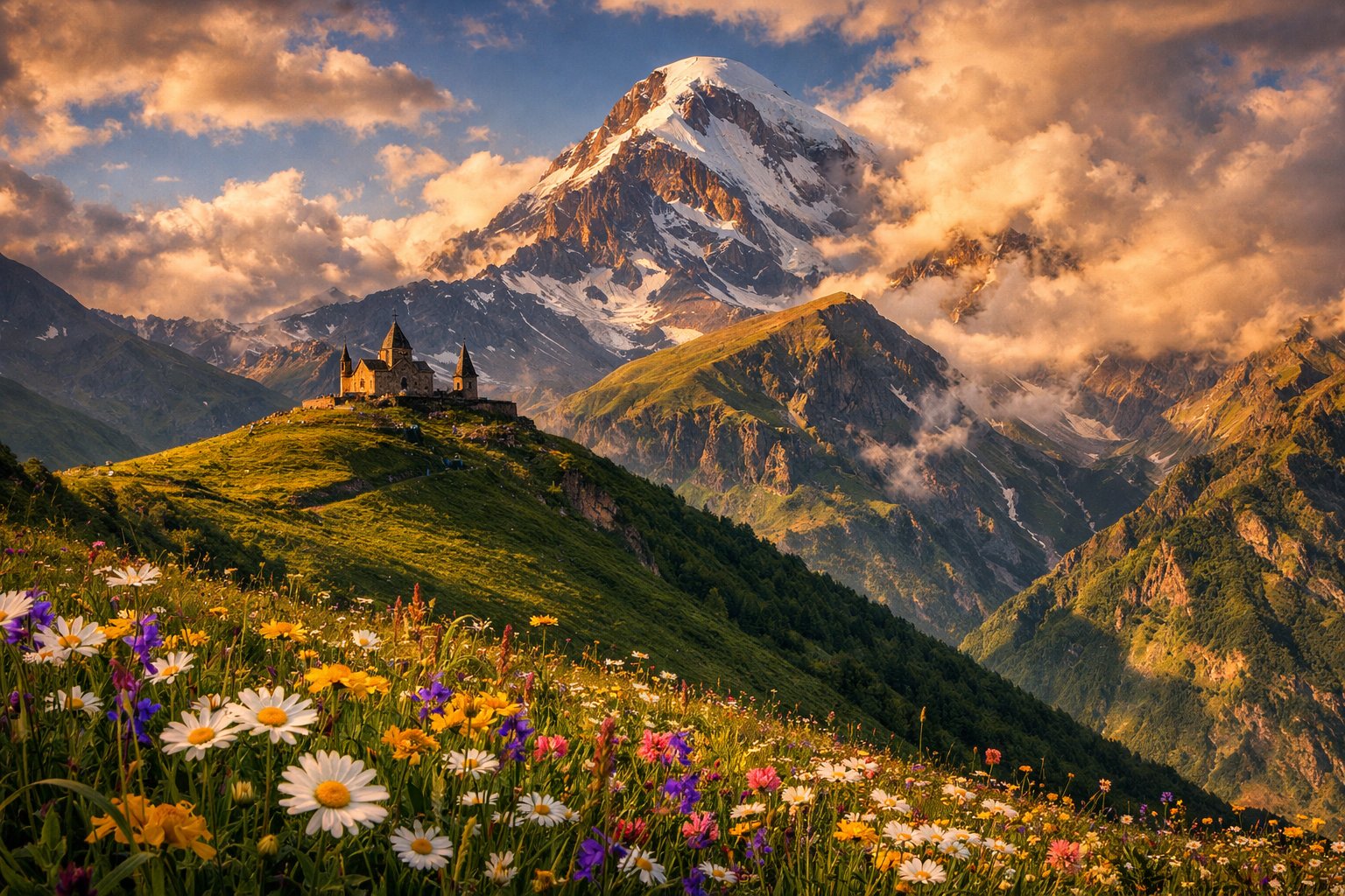 Kazbegi region with dramatic mountain scenery and green valleys
