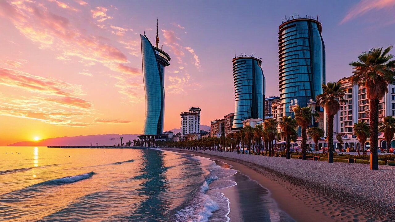 Batumi Black Sea boulevard with palm trees and sunset