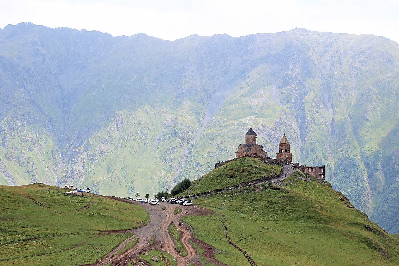 Gergeti Trinity Church with Mount Kazbek in the background