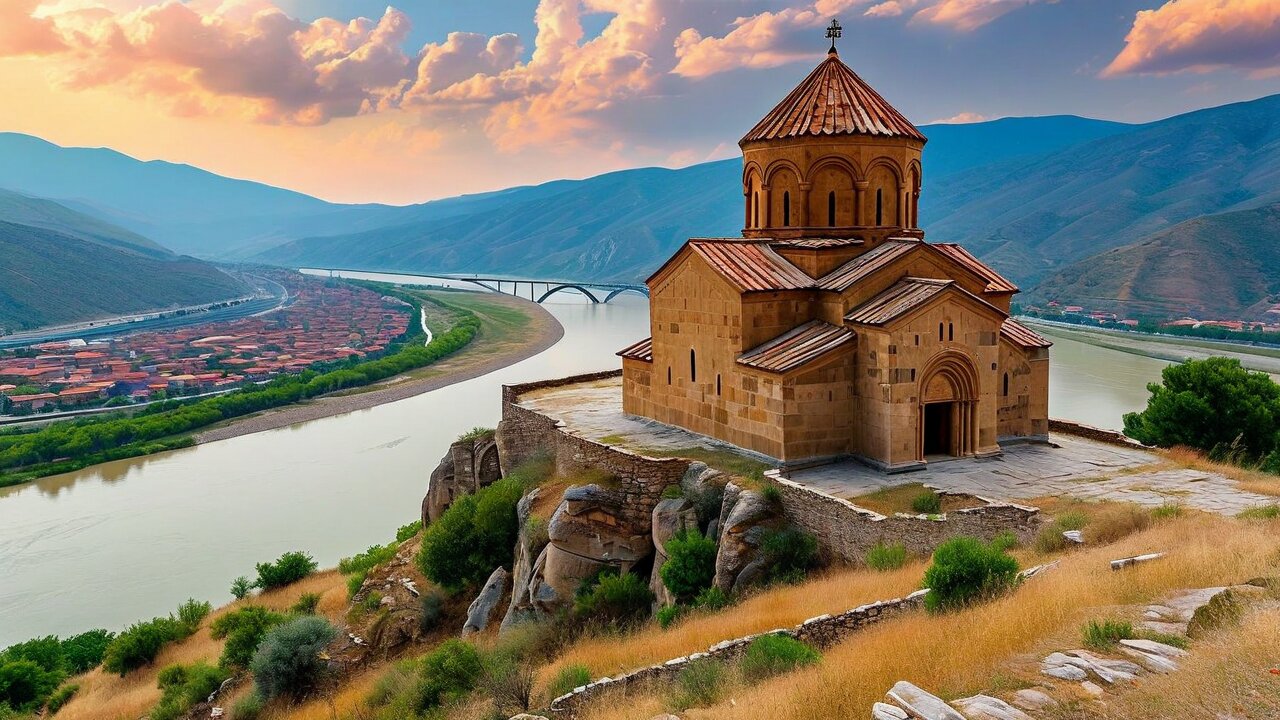 Ancient capital of Mtskheta with Svetitskhoveli Cathedral and mountains