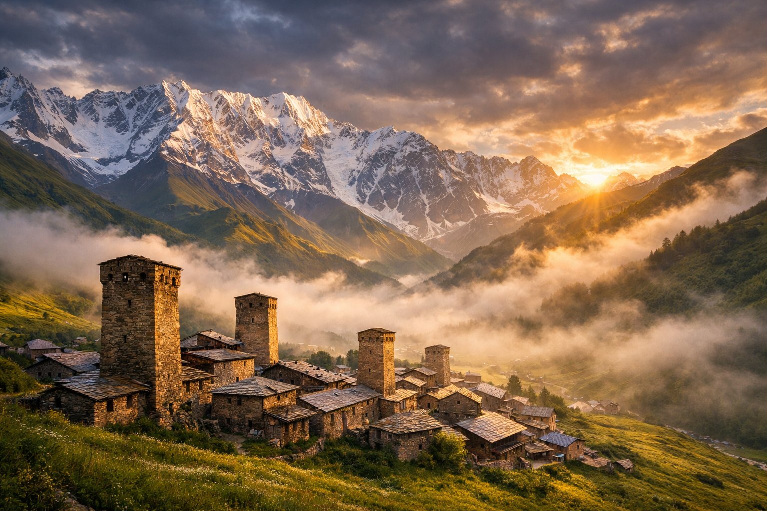 Medieval defensive towers in Svaneti mountain village, Greater Caucasus