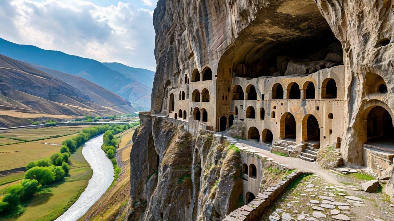 Vardzia cave monastery complex carved into cliff face in southern Georgia