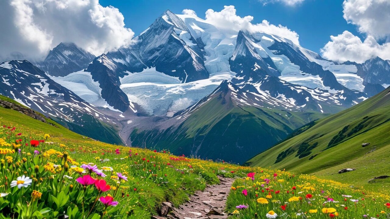 Greater Caucasus mountain range in Georgia with snow-capped peaks and green valleys