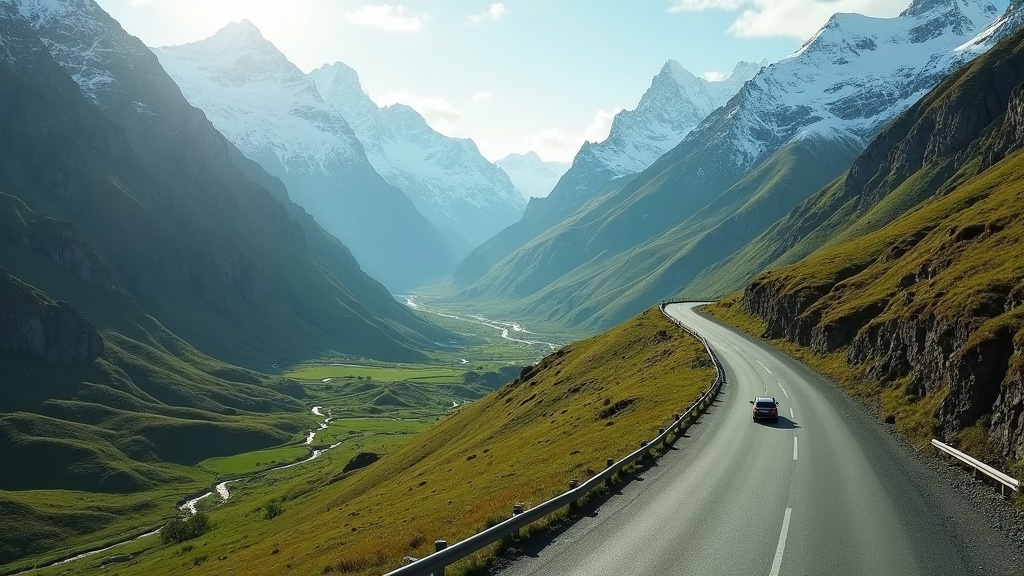 Georgian Military Highway winding through the Greater Caucasus mountains