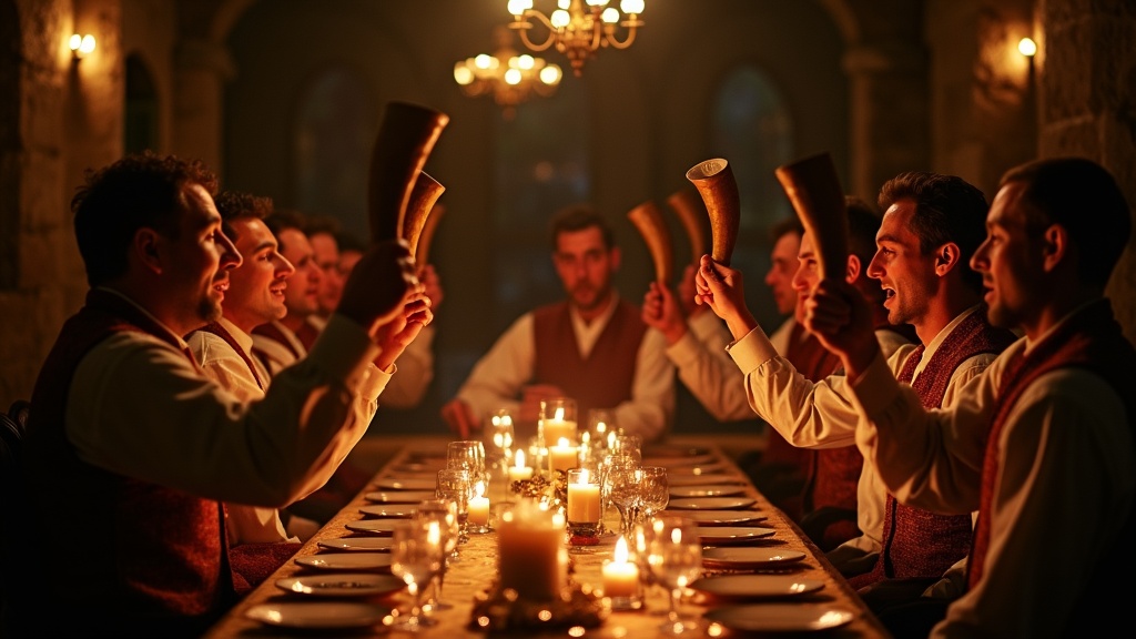 Georgian men performing traditional polyphonic singing at a supra feast