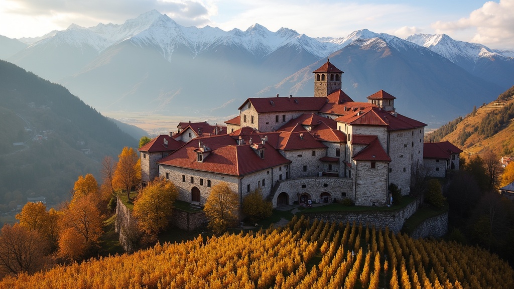 Hilltop town of Sighnaghi with red roofs and Caucasus mountains in background