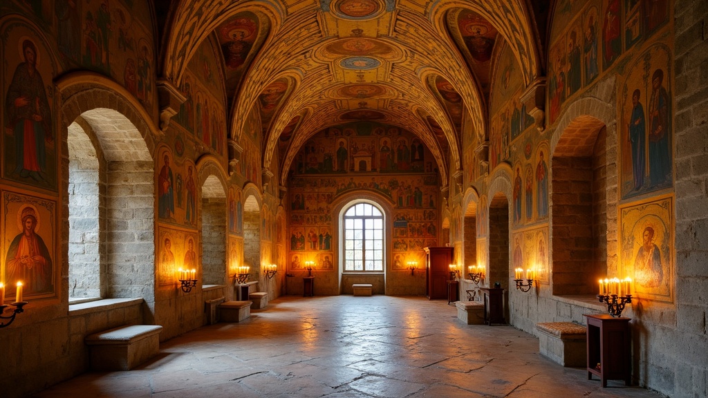 Interior of ancient Georgian monastery with medieval frescoes and candlelight