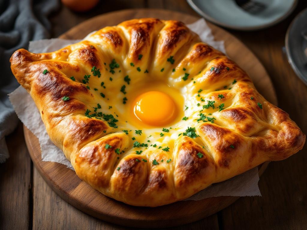 A golden cheese-filled bread with a molten centre and an egg yolk on top