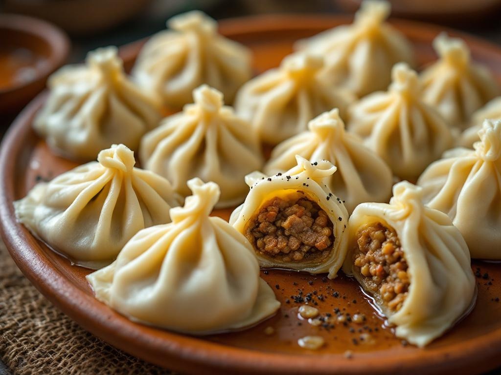 Pleated dumplings with twisted tops on a clay plate, two of them opened to show meat filling and broth
