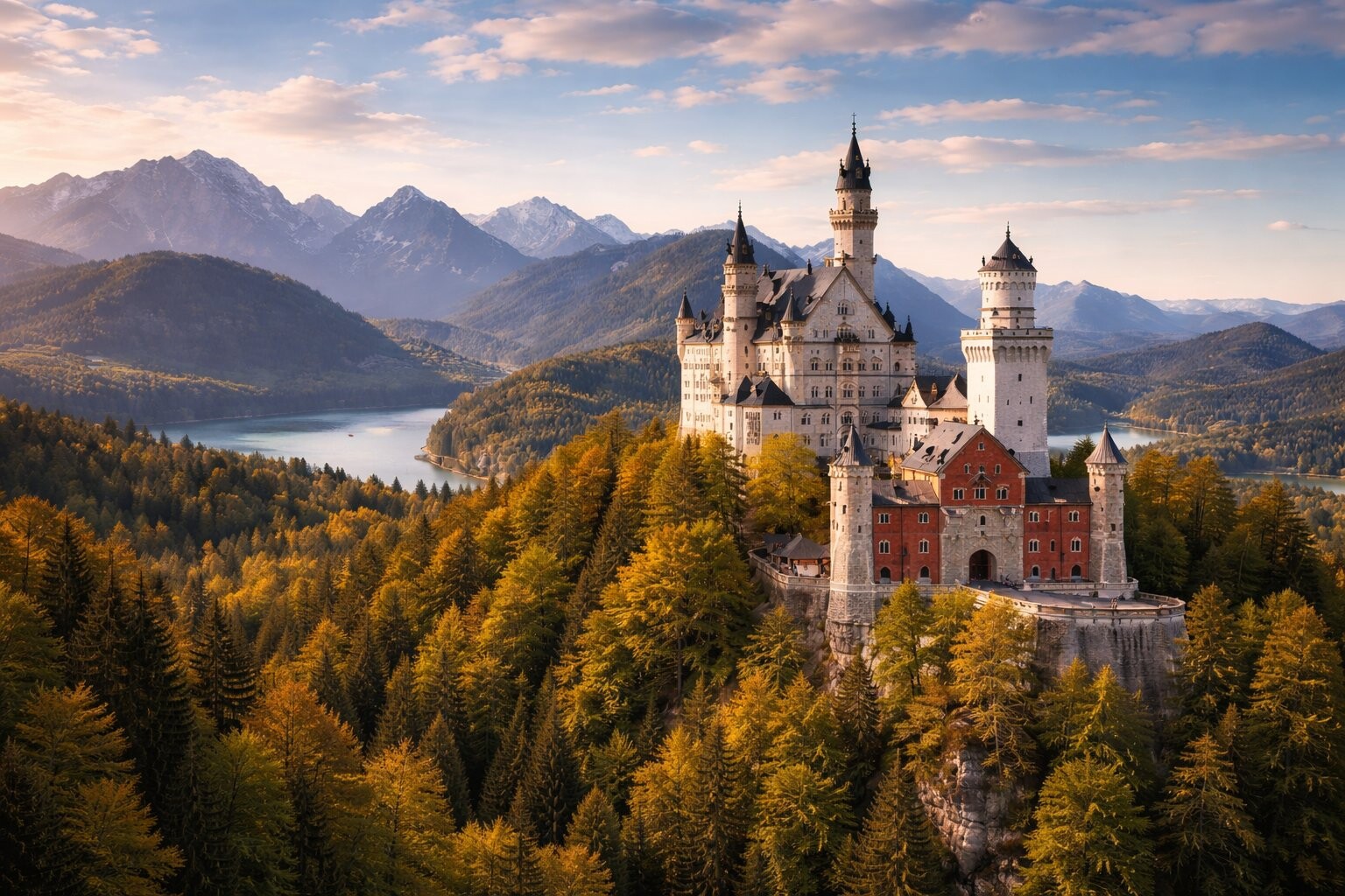 Neuschwanstein castle on a wooded spur in autumn with Alpine peaks and a lake behind